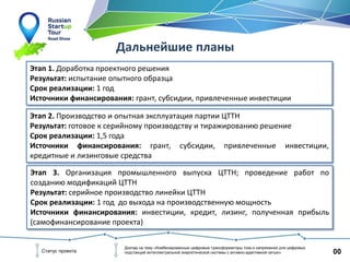 00Статус проекта
Доклад на тему «Комбинированные цифровые трансформаторы тока и напряжения для цифровых
подстанций интеллектуальной энергетической системы с активно-адаптивной сетью»
Дальнейшие планы
Этап 1. Доработка проектного решения
Результат: испытание опытного образца
Срок реализации: 1 год
Источники финансирования: грант, субсидии, привлеченные инвестиции
Этап 2. Производство и опытная эксплуатация партии ЦТТН
Результат: готовое к серийному производству и тиражированию решение
Срок реализации: 1,5 года
Источники финансирования: грант, субсидии, привлеченные инвестиции,
кредитные и лизинговые средства
Этап 3. Организация промышленного выпуска ЦТТН; проведение работ по
созданию модификаций ЦТТН
Результат: серийное производство линейки ЦТТН
Срок реализации: 1 год до выхода на производственную мощность
Источники финансирования: инвестиции, кредит, лизинг, полученная прибыль
(самофинансирование проекта)
 