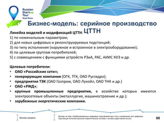 00Бизнес-модель
Доклад на тему «Комбинированные цифровые трансформаторы тока и напряжения для цифровых
подстанций интеллектуальной энергетической системы с активно-адаптивной сетью»
Бизнес-модель: серийное производство
ЦТТНЛинейка моделей и модификаций ЦТТН:
1) по номинальным параметрам;
2) для новых цифровых и реконструируемых подстанций;
3) по типу исполнения (наружное и встроенное в электрооборудование);
4) по целевым группам потребителей;
5) с совмещением с функциями устройств РЗиА, РАС, АИИС КУЭ и др.
Целевые потребители:
• ОАО «Российские сети»;
• генерирующие компании (ОГК, ТГК, ОАО Русгидро);
• предприятия ТЭК (ОАО Газпром, ОАО Лукойл, ОАО ТНК и др.)
• ОАО «РЖД»;
• крупные промышленные предприятия, в хозяйстве которых имеются
электросетевые объекты (металлургия, машиностроение и др.);
• зарубежные энергетические компании.
 