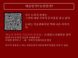 예술인가? 논리인가?
모든 논리적 관계는
그것에 대한 시각적 등가물을 갖고 있다.
논리는 미술판화처럼 찍혀 나온 이미지
다
예술과 과학과 기술간이 연계성 = 르네상스시대만큼 강력
20세기의 문명의 진보를 이해하려면
다양한 생각도구 - 의외의 연쇄사슬을 형성
여기서 흥분을 느끼는 사람들만이 다음단계의 통합을 꿈꿀 수 있음,
 