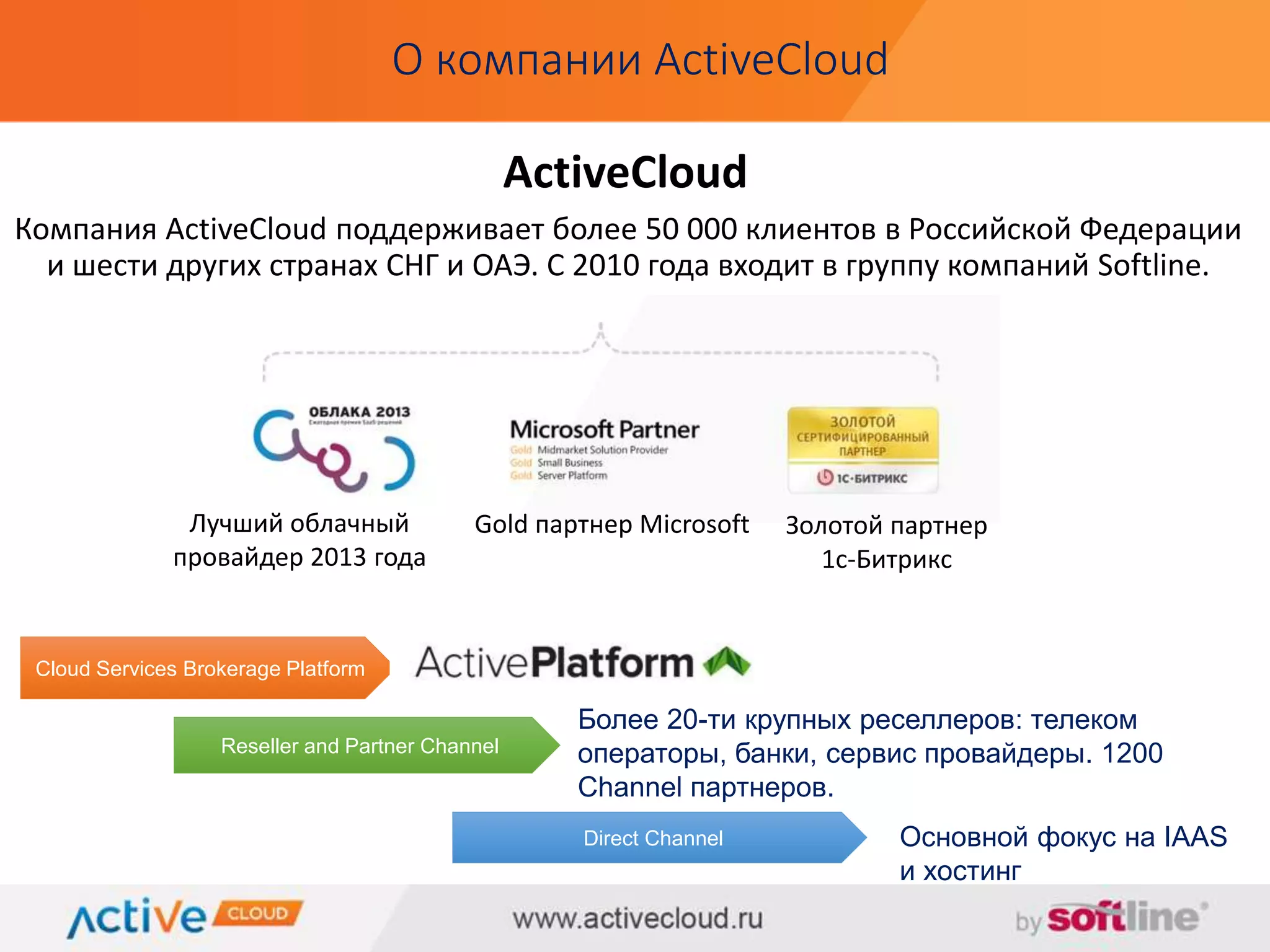 О компании ActiveCloud 
ActiveCloud 
Компания ActiveCloud поддерживает более 50 000 клиентов в Российской Федерации 
и шести других странах СНГ и ОАЭ. С 2010 года входит в группу компаний Softline. 
Лучший облачный 
провайдер 2013 года 
Gold партнер Microsoft Золотой партнер 
1с-Битрикс 
Cloud Services Brokerage Platform 
Reseller and Partner Channel 
Более 20-ти крупных реселлеров: телеком 
операторы, банки, сервис провайдеры. 1200 
Channel партнеров. 
Direct Channel 
Основной фокус на IAAS 
и хостинг 
 