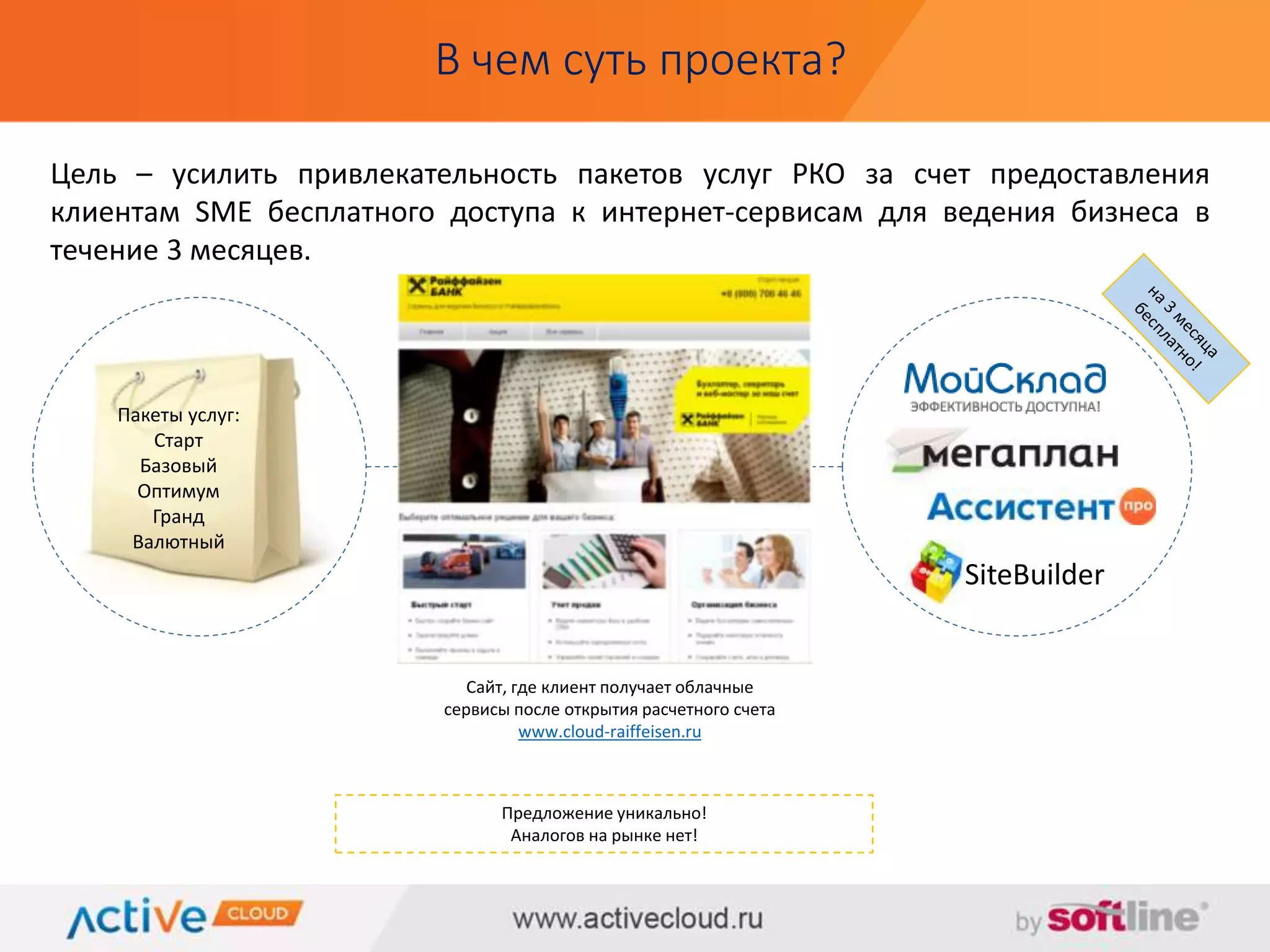 В чем суть проекта? 
Цель – усилить привлекательность пакетов услуг РКО за счет предоставления 
клиентам SME бесплатного доступа к интернет-сервисам для ведения бизнеса в 
течение 3 месяцев. 
Предложение уникально! 
Аналогов на рынке нет! 
Пакеты услуг: 
Старт 
Базовый 
Оптимум 
Гранд 
Валютный 
SiteBuilder 
Сайт, где клиент получает облачные 
сервисы после открытия расчетного счета 
www.cloud-raiffeisen.ru 
 