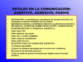 ESTILOS EN LA COMUNICACIÓN: 
ASERTIVO, AGRESIVO, PASIVO 
• DEFINICIÓN: Capacidad para autoafirmar los propios derechos, sin 
manipular ni dejarse manipular por los demás. 
• DIFERENCIAR DEL COMPORTAMIENTO AGRESIVO O PASIVO. 
(BLOQUEO, ANSIEDAD, SOBREADAPTACIÓN, AGRESIVIDAD) 
• HABILIDADES DE LA PERSONA ASERTIVA: 
• Saber decir NO 
• Saber plantear una queja 
• Saber dar y recibir cumplidos 
• Saber expresar sentimientos 
• Saber pedir favores 
• RAZONES PARA NO SABER SER ASERTIVO 
• No haberlo aprendido. 
• Conocer la conducta apropiada pero no atreverse a utilizarla. 
• Desconocer los derechos asertivos. 
• Tener un modo de pensar irracional que impide actuar de modo 
asertivo. 
 