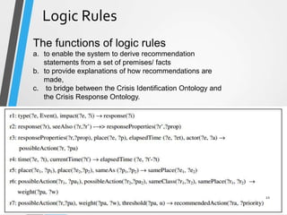 Logic Rules
The functions of logic rules
a. to enable the system to derive recommendation
statements from a set of premises/ facts
b. to provide explanations of how recommendations are
made,
c. to bridge between the Crisis Identification Ontology and
the Crisis Response Ontology.
22
 