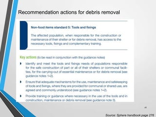 Recommendation actions for debris removal
Source: Sphere handbook page 276
26
 