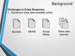 Challenges in Crisis Response:
1. Numerous crisis data available online
BLOGS NEWS Social
Media
Background
Other data
sources
4
 