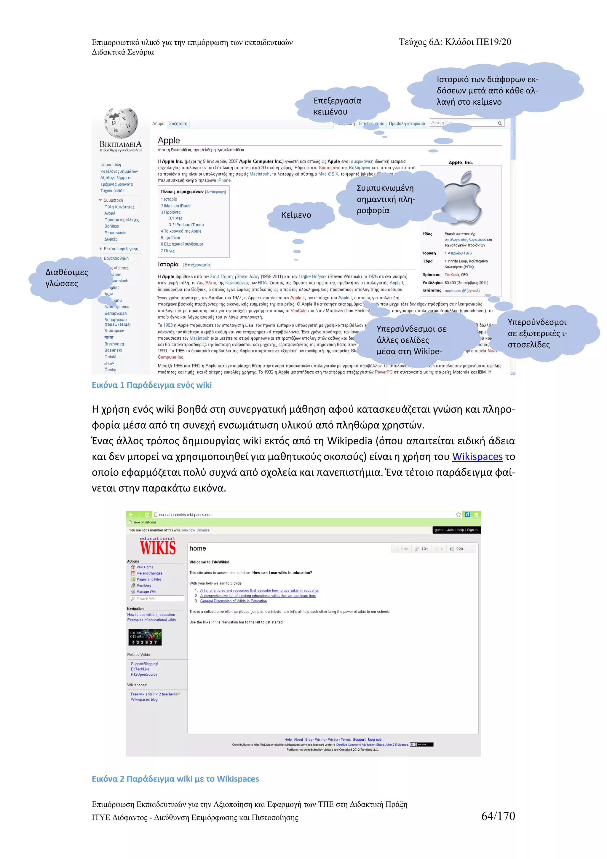 Επιμορφωτικό υλικό για την επιμόρφωση των εκπαιδευτικών Τεύχος 6Δ: Κλάδοι ΠΕ19/20 
Διδακτικά Σενάρια 
Επιμόρφωση Εκπαιδευτικών για την Αξιοποίηση και Εφαρμογή των ΤΠΕ στη Διδακτική Πράξη 
ΙΤΥΕ Διόφαντος - Διεύθυνση Επιμόρφωσης και Πιστοποίησης 64/170 
Εικόνα 1 Παράδειγμα ενός wiki 
Η χρήση ενός wiki βοηθά στη συνεργατική μάθηση αφού κατασκευάζεται γνώση και πληρο- φορία μέσα από τη συνεχή ενσωμάτωση υλικού από πληθώρα χρηστών. 
Ένας άλλος τρόπος δημιουργίας wiki εκτός από τη Wikipedia (όπου απαιτείται ειδική άδεια και δεν μπορεί να χρησιμοποιηθεί για μαθητικούς σκοπούς) είναι η χρήση του Wikispaces το οποίο εφαρμόζεται πολύ συχνά από σχολεία και πανεπιστήμια. Ένα τέτοιο παράδειγμα φαί- νεται στην παρακάτω εικόνα. 
Εικόνα 2 Παράδειγμα wiki με το Wikispaces 
Κείμενο 
Διαθέσιμες γλώσσες 
Επεξεργασία κειμένου 
Ιστορικό των διάφορων εκ- δόσεων μετά από κάθε αλ- λαγή στο κείμενο 
Συμπυκνωμένη σημαντική πλη- ροφορία 
Υπερσύνδεσμοι σε άλλες σελίδες μέσα στη Wikipe- dia 
Υπερσύνδεσμοι σε εξωτερικές ι- στοσελίδες  