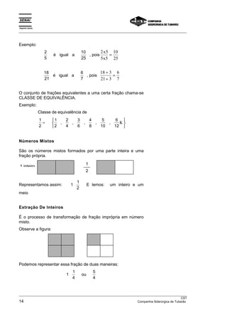Espírito Santo 
___________________________________________________________________________________________________ 
Exemplo: 
2 
5 
é igual a , pois 2 5 
10 
25 
x 
x 
5 5 
10 
25 
= 
18 
21 
é igual a , pois 18 3 
6 
7 
÷ 
÷ 
21 3 
6 
7 
= 
O conjunto de frações equivalentes a uma certa fração chama-se 
CLASSE DE EQUIVALÊNCIA. 
Exemplo: 
Classe de equivalência de 
1 
1 
2 
3 
2 
2 
4 
6 
4 
8 
5 
10 
6 
12 
=  
 
, , , , , Κ 
Números Mistos 
São os números mistos formados por uma parte inteira e uma 
fração própria. 
1 inteiro 1 
2 
Representamos assim: 1 1 
2 
E lemos: um inteiro e um 
meio 
Extração De Inteiros 
É o processo de transformação de fração imprópria em número 
misto. 
Observe a figura: 
Podemos representar essa fração de duas maneiras: 
1 1 
4 
5 
4 
ou 
___________________________________________________________________________________________________ 
CST 
14 Companhia Siderúrgica de Tubarão 
 