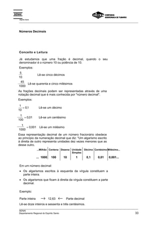 Espírito Santo 
___________________________________________________________________________________________________ 
Números Decimais 
Conceito e Leitura 
Já estudamos que uma fração é decimal, quando o seu 
denominador é o número 10 ou potência de 10. 
Exemplos: 
5 
Lê-se cinco décimos 
10 
45 
1000 
Lê-se quarenta e cinco milésimos 
As frações decimais podem ser representadas através de uma 
notação decimal que é mais conhecida por número decimal. 
Exemplos: 
1 
10 
= 0,1 Lê-se um décimo 
1 
100 
= 0,01 Lê-se um centésimo 
1 
= 0,001 Lê-se um milésimo 
1000 
Essa representação decimal de um número fracionário obedece 
ao princípio da numeração decimal que diz: Um algarismo escrito 
à direita de outro representa unidades dez vezes menores que as 
desse outro. 
...Milhão Centena Dezena Unidade 
Simples 
Décimo Centésimo Milésimo... 
... 1000 100 10 1 0,1 0,01 0,001... 
Em um número decimal: 
• Os algarismos escritos à esquerda da vírgula constituem a 
parte inteira. 
• Os algarismos que ficam à direita da vírgula constituem a parte 
decimal. 
Exemplo: 
Parte inteira → 12,63 ← Parte decimal 
Lê-se doze inteiros e sessenta e três centésimos. 
___________________________________________________________________________________________________ 
SENAI 
Departamento Regional do Espírito Santo 33 
 