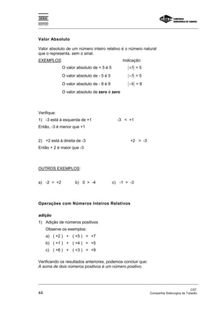 Espírito Santo 
_________________________________________________________________________________________________ 
Valor Absoluto 
Valor absoluto de um número inteiro relativo é o número natural 
que o representa, sem o sinal. 
EXEMPLOS: Indicação: 
O valor absoluto de + 5 é 5 +5 = 5 
O valor absoluto de - 5 é 5 −5 = 5 
O valor absoluto de - 8 é 8 −8 = 8 
O valor absoluto de zero é zero 
Verifique: 
1) -3 está à esquerda de +1 -3  +1 
Então, -3 é menor que +1 
2) +2 está à direita de -3 +2  -3 
Então + 2 é maior que -3 
OUTROS EXEMPLOS: 
a) -2  +2 b) 0  -4 c) -1  -3 
Operações com Números Inteiros Relativos 
adição 
1) Adição de números positivos 
Observe os exemplos: 
a) ( +2 ) + ( +5 ) = +7 
b) ( +1 ) + ( +4 ) = +5 
c) ( +6 ) + ( +3 ) = +9 
Verificando os resultados anteriores, podemos concluir que: 
A soma de dois números positivos é um número positivo. 
_________________________________________________________________________________________________ 
CST 
44 Companhia Siderurgica de Tubarão 
 