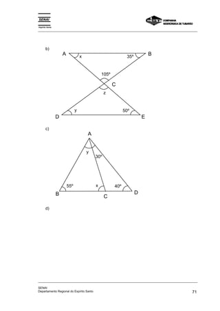 Espírito Santo 
_________________________________________________________________________________________________ 
b) 
A B 
C 
35º 
105º 
50º 
x 
z 
y 
D E 
c) 
A 
y 
30º 
55º x 40º 
B C 
D 
d) 
_________________________________________________________________________________________________ 
SENAI 
Departamento Regional do Espírito Santo 71 
 