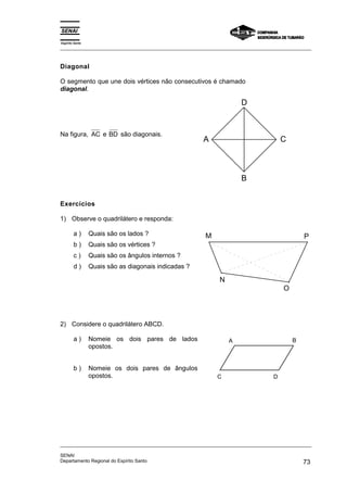 Espírito Santo 
_________________________________________________________________________________________________ 
Diagonal 
O segmento que une dois vértices não consecutivos é chamado 
diagonal. 
Na figura, AC e BD são diagonais. 
D 
A C 
B 
Exercícios 
1) Observe o quadrilátero e responda: 
a ) Quais são os lados ? 
b ) Quais são os vértices ? 
c ) Quais são os ângulos internos ? 
d ) Quais são as diagonais indicadas ? 
M P 
N 
O 
2) Considere o quadrilátero ABCD. 
a ) Nomeie os dois pares de lados 
opostos. 
b ) Nomeie os dois pares de ângulos 
opostos. 
A B 
C D 
_________________________________________________________________________________________________ 
SENAI 
Departamento Regional do Espírito Santo 73 
 