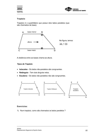 Espírito Santo 
_________________________________________________________________________________________________ 
Trapézio 
Trapézio é o quadrilátero que possui dois lados paralelos (que 
são chamados de base). 
A 
base menor 
altura 
B 
C base maior 
D 
Na figura, temos: 
AB CD 
A distância entre as bases chama-se altura. 
Tipos de Trapézio 
• Isósceles - Os lados não-paralelos são congruentes. 
• Retângulo - Tem dois ângulos retos. 
• Escaleno - Os lados não-paralelos não são congruentes. 
E 
Trapézio Isósceles 
F E 
G H 
F E 
Trapézio Retângulo 
G H 
F 
Trapézio 
Escaleno 
G H 
Exercícios: 
1) Num trapézio, como são chamados os lados paralelos ? 
_________________________________________________________________________________________________ 
SENAI 
Departamento Regional do Espírito Santo 81 
 