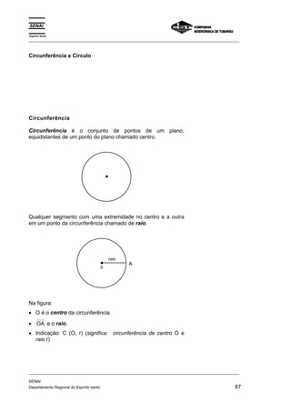 Espírito Santo 
_________________________________________________________________________________________________ 
Circunferência e Círculo 
Circunferência 
Circunferência é o conjunto de pontos de um plano, 
equidistantes de um ponto do plano chamado centro. 
Qualquer segmento com uma extremidade no centro e a outra 
em um ponto da circunferência chamado de raio. 
0 
A 
raio 
Na figura: 
• O é o centro da circunferência. 
• OA e o raio. 
• Indicação: C (O, r) (significa: circunferência de centro O e 
raio r) 
_________________________________________________________________________________________________ 
SENAI 
Departamento Regional do Espírito santo 87 
 