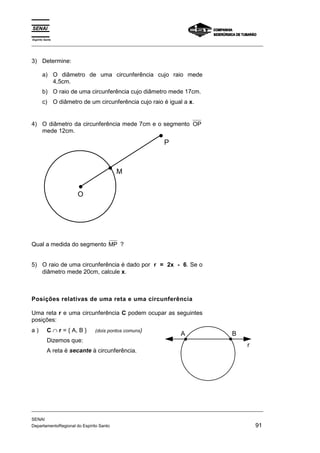 Espírito Santo 
_________________________________________________________________________________________________ 
3) Determine: 
a) O diâmetro de uma circunferência cujo raio mede 
4,5cm. 
b) O raio de uma circunferência cujo diâmetro mede 17cm. 
c) O diâmetro de um circunferência cujo raio é igual a x. 
4) O diâmetro da circunferência mede 7cm e o segmento OP 
mede 12cm. 
O 
M 
P 
Qual a medida do segmento MP ? 
5) O raio de uma circunferência é dado por r = 2x - 6. Se o 
diâmetro mede 20cm, calcule x. 
Posições relativas de uma reta e uma circunferência 
Uma reta r e uma circunferência C podem ocupar as seguintes 
posições: 
a ) C ∩ r = { A, B } (dois pontos comuns) 
Dizemos que: 
A reta é secante à circunferência. 
A B 
r 
_________________________________________________________________________________________________ 
SENAI 
DepartamentoRegional do Espírito Santo 91 
 