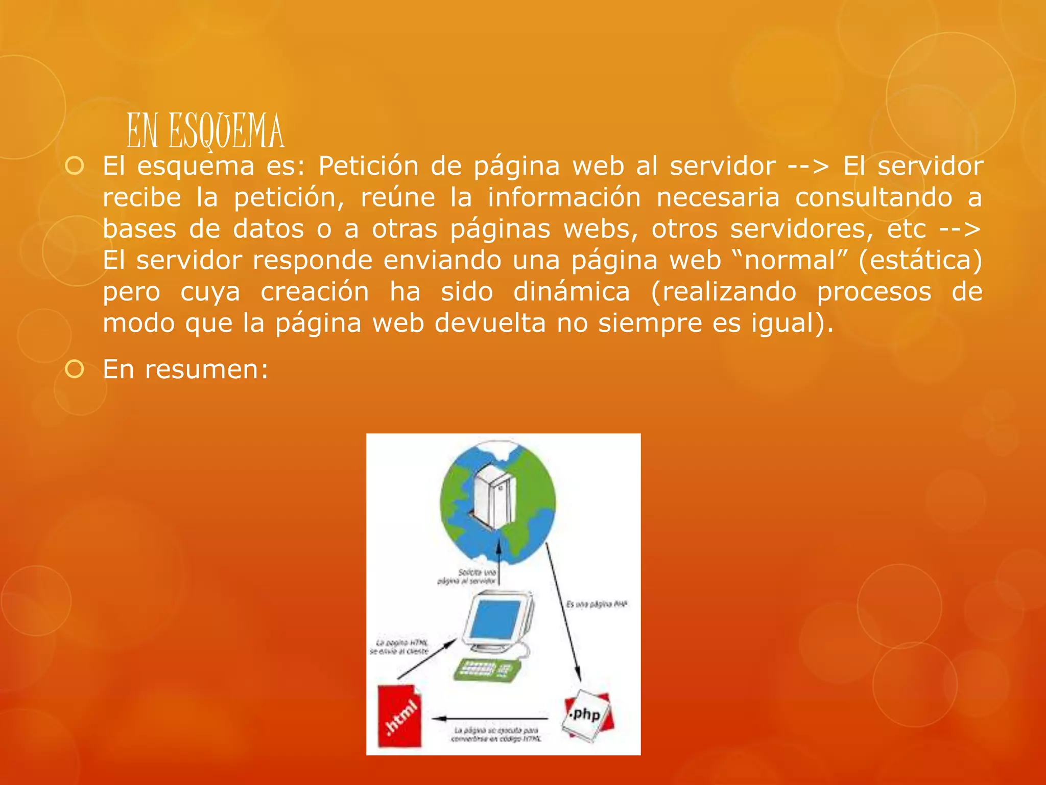 EN ESQUEMA
 El esquema es: Petición de página web al servidor --> El servidor
recibe la petición, reúne la información necesaria consultando a
bases de datos o a otras páginas webs, otros servidores, etc -->
El servidor responde enviando una página web “normal” (estática)
pero cuya creación ha sido dinámica (realizando procesos de
modo que la página web devuelta no siempre es igual).
 En resumen:
 