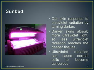 Electromagnetic Spectrum 27
• Our skin responds to
ultraviolet radiation by
turning darker.
• Darker skins absorb
more ultraviolet light,
so less ultraviolet
radiation reaches the
deeper tissues.
• Ultraviolet radiation
can cause normal
cells to become
cancerous.
 