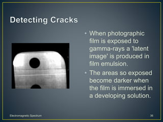 • When photographic
film is exposed to
gamma-rays a 'latent
image' is produced in
film emulsion.
• The areas so exposed
become darker when
the film is immersed in
a developing solution.
Electromagnetic Spectrum 36
 
