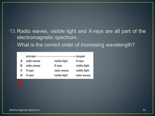 13.Radio waves, visible light and X-rays are all part of the
electromagnetic spectrum.
14.What is the correct order of increasing wavelength?
Electromagnetic Spectrum 54
D
 