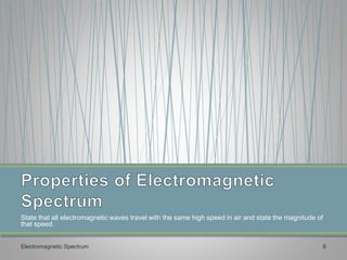 State that all electromagnetic waves travel with the same high speed in air and state the magnitude of
that speed.
Electromagnetic Spectrum 6
 