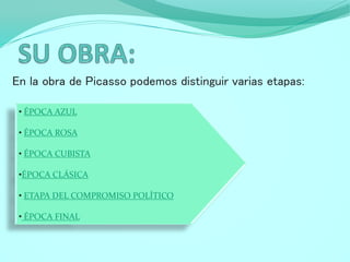 En la obra de Picasso podemos distinguir varias etapas:
• ÉPOCA AZUL
• ÉPOCA ROSA
• ÉPOCA CUBISTA
•ÉPOCA CLÁSICA
• ETAPA DEL COMPROMISO POLÍTICO
• ÉPOCA FINAL
 