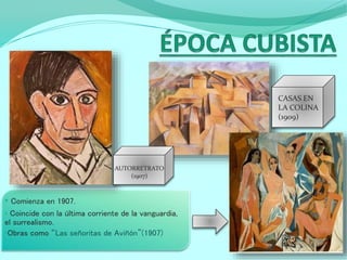 • Comienza en 1907.
• Coincide con la última corriente de la vanguardia,
el surrealismo.
•Obras como “Las señoritas de Aviñón”(1907)
AUTORRETRATO
(1907)
CASAS EN
LA COLINA
(1909)
 