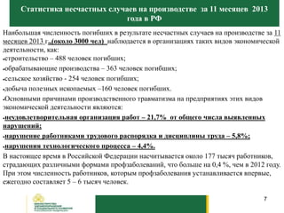 Статистика несчастных случаев на производстве за 11 месяцев 2013
года в РФ
Наибольшая численность погибших в результате несчастных случаев на производстве за 11
месяцев 2013 г.,(около 3000 чел) наблюдается в организациях таких видов экономической
деятельности, как:
строительство – 488 человек погибших;
обрабатывающие производства – 363 человек погибших;
сельское хозяйство - 254 человек погибших;
добыча полезных ископаемых –160 человек погибших.
Основными причинами производственного травматизма на предприятиях этих видов
экономической деятельности являются:
неудовлетворительная организация работ – 21,7% от общего числа выявленных
нарушений;
нарушение работниками трудового распорядка и дисциплины труда – 5,8%;
нарушения технологического процесса – 4,4%.
В настоящее время в Российской Федерации насчитывается около 177 тысяч работников,
страдающих различными формами профзаболеваний, что больше на 0,4 %, чем в 2012 году.
При этом численность работников, которым профзаболевания устанавливается впервые,
ежегодно составляет 5 – 6 тысяч человек.
7
 