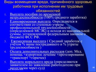 доц. Богданов В.В.
98
Виды возмещения вреда, причинённого здоровью
работника при исполнении им трудовых
обязанностей
1. Выплата пособия по временной
нетрудоспособности (100% среднего заработка)
2. Единовременная выплата. Определяется в
соответствии со степенью утраты
профессиональной трудоспособности
(определённой МСЭК) и исходя из максимальной
суммы, установленной федеральным законом о
бюджете ФСС РФ.
3. Ежемесячная выплата ( Средний заработок с
учётом % вины пострадавшего и % утраты
трудоспособности )
4. Оплата дополнительных расходов (доп. Мед.
помощь +курортное лечение +протезирование
+транспорт +горючее)
5. Выплата морального вреда (определяются
заявителем по заявлению работодателю при
несогласии через суд)
 