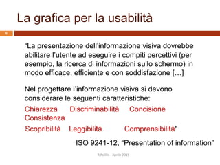 La grafica per la usabilità
“La presentazione dell’informazione visiva dovrebbe
abilitare l’utente ad eseguire i compiti percettivi (per
esempio, la ricerca di informazioni sullo schermo) in
modo efficace, efficiente e con soddisfazione […]
R.Polillo - Aprile 2015
8
Nel progettare l’informazione visiva si devono
considerare le seguenti caratteristiche:
Chiarezza Discriminabilità Concisione
Consistenza
Scopribilità Leggibilità Comprensibilità"
ISO 9241-12, “Presentation of information”
 