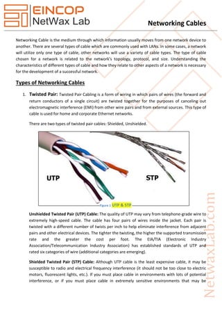 Networking Cables
Networking Cable is the medium through which information usually moves from one network device to
another. There are several types of cable which are commonly used with LANs. In some cases, a network
will utilize only one type of cable, other networks will use a variety of cable types. The type of cable
chosen for a network is related to the network's topology, protocol, and size. Understanding the
characteristics of different types of cable and how they relate to other aspects of a network is necessary
for the development of a successful network.
Types of Networking Cables
1. Twisted Pair: Twisted Pair Cabling is a form of wiring in which pairs of wires (the forward and
return conductors of a single circuit) are twisted together for the purposes of canceling out
electromagnetic interference (EMI) from other wire pairs and from external sources. This type of
cable is used for home and corporate Ethernet networks.
There are two types of twisted pair cables: Shielded, Unshielded.
Unshielded Twisted Pair (UTP) Cable: The quality of UTP may vary from telephone-grade wire to
extremely high-speed cable. The cable has four pairs of wires inside the jacket. Each pair is
twisted with a different number of twists per inch to help eliminate interference from adjacent
pairs and other electrical devices. The tighter the twisting, the higher the supported transmission
rate and the greater the cost per foot. The EIA/TIA (Electronic Industry
Association/Telecommunication Industry Association) has established standards of UTP and
rated six categories of wire (additional categories are emerging).
Shielded Twisted Pair (STP) Cable: Although UTP cable is the least expensive cable, it may be
susceptible to radio and electrical frequency interference (it should not be too close to electric
motors, fluorescent lights, etc.). If you must place cable in environments with lots of potential
interference, or if you must place cable in extremely sensitive environments that may be
Figure 1 UTP & STP
 