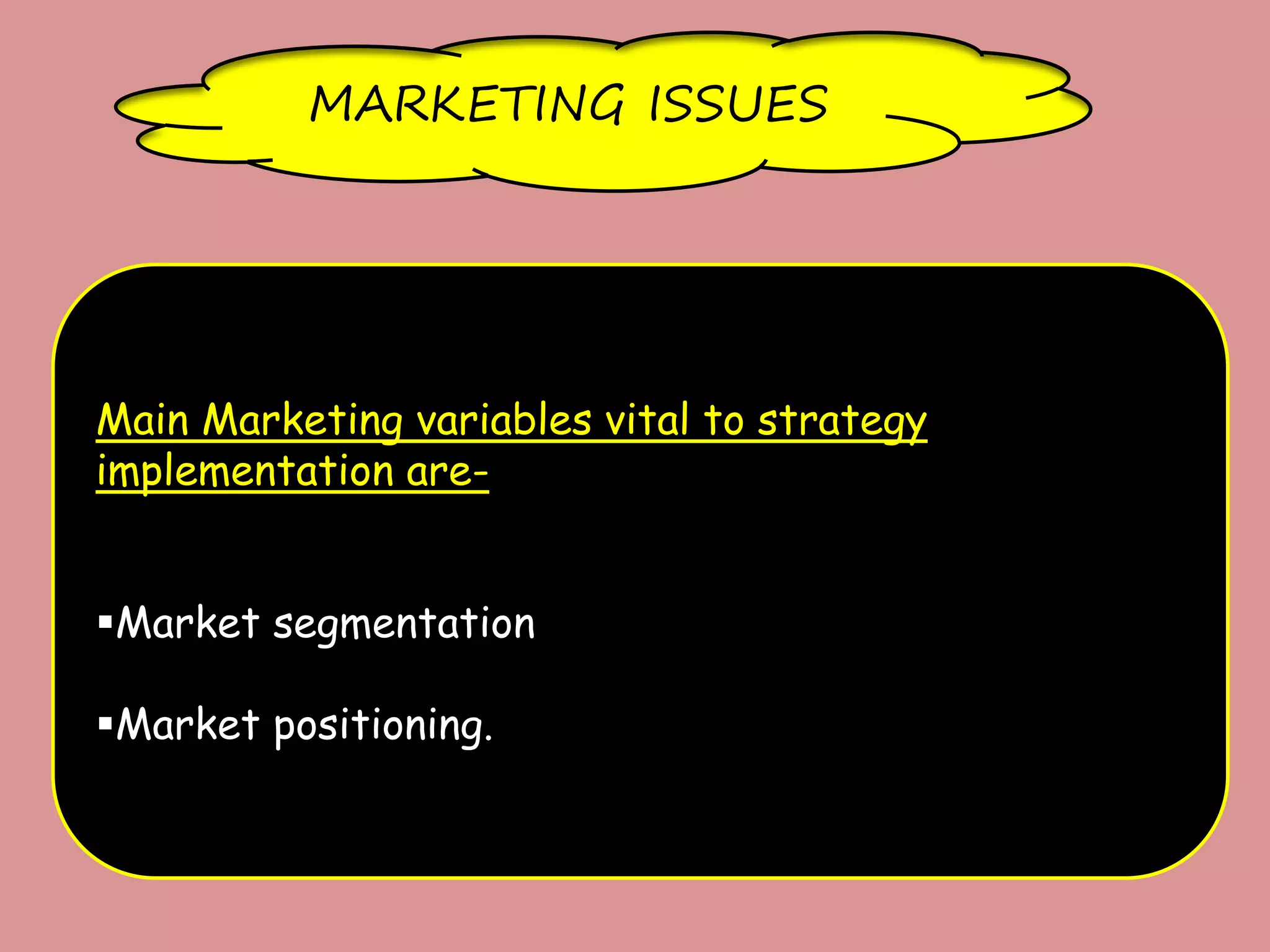 MARKETING ISSUES
Main Marketing variables vital to strategy
implementation are-
Market segmentation
Market positioning.
 