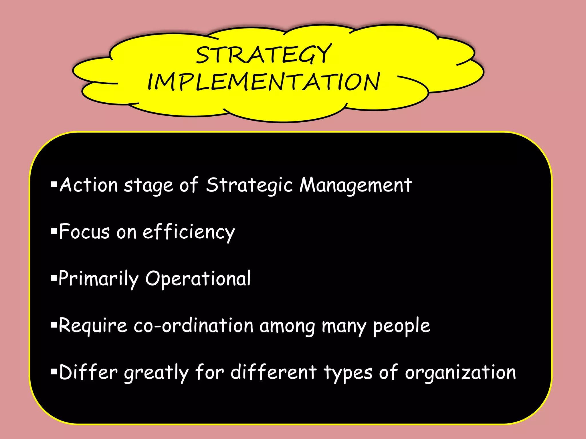 STRATEGY
IMPLEMENTATION
Action stage of Strategic Management
Focus on efficiency
Primarily Operational
Require co-ordination among many people
Differ greatly for different types of organization.
 