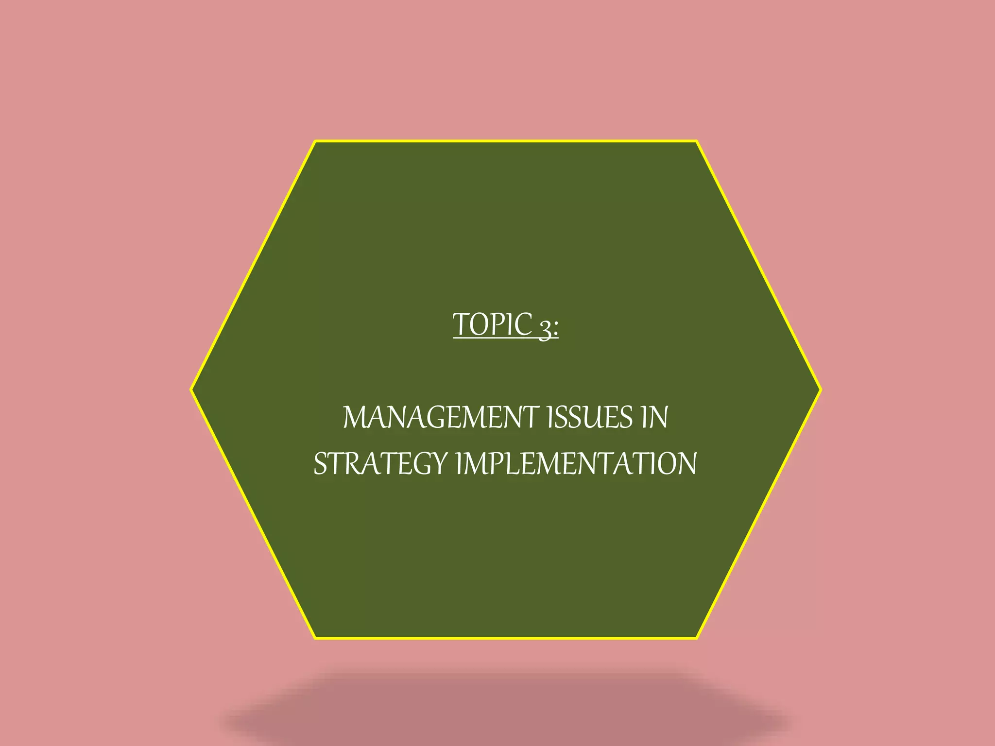 TOPIC 3:
MANAGEMENT ISSUES IN
STRATEGY IMPLEMENTATION
 