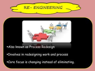 RE- ENGINEERING
Also known as Process Redesign
Involves in redesigning work and process
Core focus is changing instead of eliminating.
 