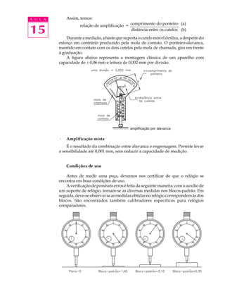 15
A U L A Assim, temos:
relação de amplificação =
Duranteamedição,ahastequesuportaocutelomóveldesliza,adespeitodo
esforço em contrário produzido pela mola de contato. O ponteiro-alavanca,
mantido em contato com os dois cutelos pela mola de chamada, gira em frente
à graduação.
A figura abaixo representa a montagem clássica de um aparelho com
capacidade de ± 0,06 mm e leitura de 0,002 mm por divisão.
· Amplificação mista
É o resultado da combinação entre alavanca e engrenagem. Permite levar
a sensibilidade até 0,001 mm, sem reduzir a capacidade de medição.
Condições de uso
Antes de medir uma peça, devemos nos certificar de que o relógio se
encontra em boas condições de uso.
A verificação de possíveis erros é feita da seguinte maneira: com o auxílio de
um suporte de relógio, tomam-se as diversas medidas nos blocos-padrão. Em
seguida,deve-seobservarseasmedidasobtidasnorelógiocorrespondemàsdos
blocos. São encontrados também calibradores específicos para relógios
comparadores.
(a)
(b)
amplificação por alavanca
comprimento do ponteiro
distância entre os cutelos
 