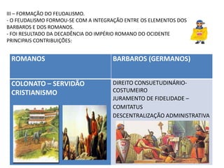 ROMANOS BARBAROS (GERMANOS)
COLONATO – SERVIDÃO
CRISTIANISMO
DIREITO CONSUETUDINÁRIO-
COSTUMEIRO
JURAMENTO DE FIDELIDADE –
COMITATUS
DESCENTRALIZAÇÃO ADMINISTRATIVA
III – FORMAÇÃO DO FEUDALISMO.
- O FEUDALISMO FORMOU-SE COM A INTEGRAÇÃO ENTRE OS ELEMENTOS DOS
BARBAROS E DOS ROMANOS.
- FOI RESULTADO DA DECADÊNCIA DO IMPÉRIO ROMANO DO OCIDENTE
PRINCIPAIS CONTRIBUIÇÕES:
 