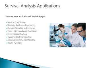 Here are some applications of Survival Analysis:
 Medical Drug Testing
 Reliability Analysis in Engineering
 Duration Modeling in Economics
 Event History Analysis in Sociology
 Criminological Analysis
 Customer Lifetime Modeling
 Actuarial Science / Risk Modeling
 Botany / Zoology
 