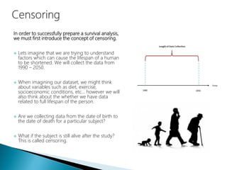 In order to successfully prepare a survival analysis,
we must first introduce the concept of censoring.
 Lets imagine that we are trying to understand
factors which can cause the lifespan of a human
to be shortened. We will collect the data from
1990 – 2050.
 When imagining our dataset, we might think
about variables such as diet, exercise,
socioeconomic conditions, etc… however we will
also think about the whether we have data
related to full lifespan of the person.
 Are we collecting data from the date of birth to
the date of death for a particular subject?
 What if the subject is still alive after the study?
This is called censoring.
 