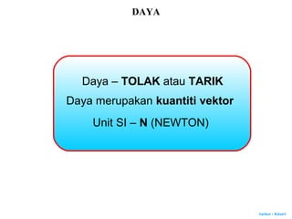 Author : Khairi
Daya – TOLAK atau TARIK
Daya merupakan kuantiti vektor
Unit SI – N (NEWTON)
DAYA
 