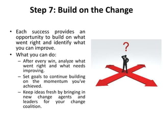 Step 7: Build on the Change
• Each success provides an
opportunity to build on what
went right and identify what
you can improve.
• What you can do:
– After every win, analyze what
went right and what needs
improving.
– Set goals to continue building
on the momentum you've
achieved.
– Keep ideas fresh by bringing in
new change agents and
leaders for your change
coalition.
 