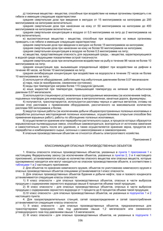 106
д) токсичные вещества - вещества, способные при воздействии на живые организмы приводить к их
гибели и имеющие следующие характеристики:
средняя смертельная доза при введении в желудок от 15 миллиграммов на килограмм до 200
миллиграммов на килограмм включительно;
средняя смертельная доза при нанесении на кожу от 50 миллиграммов на килограмм до 400
миллиграммов на килограмм включительно;
средняя смертельная концентрация в воздухе от 0,5 миллиграмма на литр до 2 миллиграммов на
литр включительно;
е) высокотоксичные вещества - вещества, способные при воздействии на живые организмы
приводить к их гибели и имеющие следующие характеристики:
средняя смертельная доза при введении в желудок не более 15 миллиграммов на килограмм;
средняя смертельная доза при нанесении на кожу не более 50 миллиграммов на килограмм;
средняя смертельная концентрация в воздухе не более 0,5 миллиграмма на литр;
ж) вещества, представляющие опасность для окружающей среды, - вещества, характеризующиеся
в водной среде следующими показателями острой токсичности:
средняя смертельная доза при ингаляционном воздействии на рыбу в течение 96 часов не более 10
миллиграммов на литр;
средняя концентрация яда, вызывающая определенный эффект при воздействии на дафнии в
течение 48 часов, не более 10 миллиграммов на литр;
средняя ингибирующая концентрация при воздействии на водоросли в течение 72 часов не более
10 миллиграммов на литр;
2) используется оборудование, работающее под избыточным давлением более 0,07 мегапаскаля:
а) пара, газа (в газообразном, сжиженном состоянии);
б) воды при температуре нагрева более 115 градусов Цельсия;
в) иных жидкостей при температуре, превышающей температуру их кипения при избыточном
давлении 0,07 мегапаскаля;
3) используются стационарно установленные грузоподъемные механизмы (за исключением лифтов,
подъемных платформ для инвалидов), эскалаторы в метрополитенах, канатные дороги, фуникулеры;
4) получаются, транспортируются, используются расплавы черных и цветных металлов, сплавы на
основе этих расплавов с применением оборудования, рассчитанного на максимальное количество
расплава 500 килограммов и более;
5) ведутся горные работы (за исключением добычи общераспространенных полезных ископаемых и
разработки россыпных месторождений полезных ископаемых, осуществляемых открытым способом без
применения взрывных работ), работы по обогащению полезных ископаемых;
6) осуществляется хранение или переработка растительного сырья, в процессе которых образуются
взрывоопасные пылевоздушные смеси, способные самовозгораться, возгораться от источника зажигания
и самостоятельно гореть после его удаления, а также осуществляется хранение зерна, продуктов его
переработки и комбикормового сырья, склонных к самосогреванию и самовозгоранию.
К опасным производственным объектам не относятся объекты электросетевого хозяйства.
Приложение 2
КЛАССИФИКАЦИЯ ОПАСНЫХ ПРОИЗВОДСТВЕННЫХ ОБЪЕКТОВ
1. Классы опасности опасных производственных объектов, указанных в пункте 1 приложения 1 к
настоящему Федеральному закону (за исключением объектов, указанных в пунктах 2, 3 и 4 настоящего
приложения), устанавливаются исходя из количества опасного вещества или опасных веществ, которые
одновременно находятся или могут находиться на опасном производственном объекте, в соответствии с
таблицами 1 и 2 настоящего приложения.
2. Для объектов по хранению химического оружия, объектов по уничтожению химического оружия и
опасных производственных объектов спецхимии устанавливается I класс опасности.
3. Для опасных производственных объектов бурения и добычи нефти, газа и газового конденсата
устанавливаются следующие классы опасности:
1) II класс опасности - для опасных производственных объектов, опасных в части выбросов
продукции с содержанием сернистого водорода свыше 6 процентов объема такой продукции;
2) III класс опасности - для опасных производственных объектов, опасных в части выбросов
продукции с содержанием сернистого водорода от 1 процента до 6 процентов объема такой продукции;
3) IV класс опасности - для опасных производственных объектов, не указанных в подпунктах 1 и 2
настоящего пункта.
4. Для газораспределительных станций, сетей газораспределения и сетей газопотребления
устанавливаются следующие классы опасности:
1) II класс опасности - для опасных производственных объектов, предназначенных для
транспортировки природного газа под давлением свыше 1,2 мегапаскаля или сжиженного
углеводородного газа под давлением свыше 1,6 мегапаскаля;
2) III класс опасности - для опасных производственных объектов, не указанных в подпункте 1
 