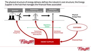 The physical structure of energy delivery defines the industry’s cost structure; the Energy
Supplier is the hub that manages the financial flows associated
ENERGY SUPPLIER
Distribution
Network Operator
Transmission
Network/System Operator
CUSTOMER
Physical
Energy Flow
Financial Flow
Wholesale
Energy Price
Transmission
Network Charge &
Balancing costs
Distribution
Network Charge
Generator
Regulatory
control
 