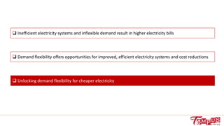  Inefficient electricity systems and inflexible demand result in higher electricity bills
 Demand flexibility offers opportunities for improved, efficient electricity systems and cost reductions
 Unlocking demand flexibility for cheaper electricity
 