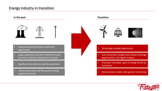 Energy industry in transition
In the past Transition
• Engineering infrastructure investment
opportunity
• Large capital and long term investment with
low returns based on generation revenue
• Significant risk premium paid by customers
• Technology enabled opportunity
• Low investment needed that enables arbitrage
opportunities and higher margins
• Transition inevitable, pace of change driven by
innovation
• Government policy still focused on driving
capital investment
• New business models with greater risk sharing
 