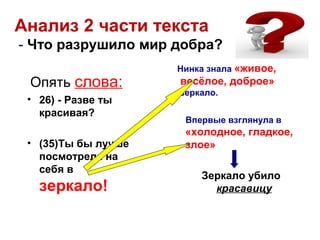Анализ 2 части текста
- Что разрушило мир добра?
Опять слова:
• 26) - Разве ты
красивая?
• (35)Ты бы лучше
посмотрела на
себя в
зеркало!
Нинка знала «живое,
весёлое, доброе»
зеркало.
Впервые взглянула в
«холодное, гладкое,
злое»
Зеркало убило
красавицу
 