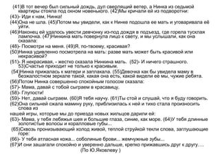 (41)В тот вечер был сильный дождь, дул сверлящий ветер, а Нинка из седьмой
квартиры стояла под окном новенького. (42)Мы кричали ей из подворотни:
(43)- Иди к нам, Нинка!
(44)Она не шла. (45)Потом мы увидели, как к Нинке подошла ее мать и уговаривала её
уйти.
(46)Наконец ей удалось увести девчонку из-под дождя в подъезд, где горела тусклая
лампочка. (47)Нинкина мать повернула лицо к свету, и мы услышали, как она
сказала:
(48)- Посмотри на меня. (49)Я, по-твоему, красивая?
(50)Нинка удивленно посмотрела на мать: разве мать может быть красивой или
некрасивой?
(51)- Я некрасивая, - жестко сказала Нинкина мать. (52)- И ничего страшного.
53)Счастье приходит не только к красивым.
(54)Нинка прижалась к матери и заплакала. (55)Девочка как бы увидела маму в
безжалостном зеркале такой, какая она есть, какой видели ее мы, чужие ребята.
(56)Потом Нинка совершенно спокойным голосом сказала:
(57)- Мама, давай с тобой сыграем в красавицу.
(58)- Глупости!
(59)- Нет, давай сыграем. (60)Я тебя научу. (61)Ты стой и слушай, что я буду говорить.
(62)Она сильней сжала мамину руку, приблизилась к ней и тихо стала произносить
слова из
нашей игры, которые мы до приезда новых жильцов дарили ей:
(63)- Мама, у тебя лебяжья шея и большие глаза, синие, как море. (64)У тебя длинные
золотистые волосы и коралловые губы...
(65)Сквозь пронизывающий холод живой, теплой струйкой текли слова, заглушающие
горе:
(66)- У тебя атласная кожа... соболиные брови... жемчужные зубы...
(67)И они зашагали спокойно и уверенно дальше, крепко прижавшись друг к другу….
(По Ю.Яковлеву )
 