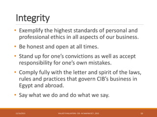 Integrity
• Exemplify the highest standards of personal and
professional ethics in all aspects of our business.
• Be honest and open at all times.
• Stand up for one’s convictions as well as accept
responsibility for one’s own mistakes.
• Comply fully with the letter and spirit of the laws,
rules and practices that govern CIB’s business in
Egypt and abroad.
• Say what we do and do what we say.
12/16/2015 VALUES' EVALUATION- CIB - W.SAAFAN OCT., 2015 16
 