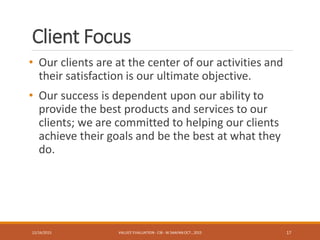 Client Focus
• Our clients are at the center of our activities and
their satisfaction is our ultimate objective.
• Our success is dependent upon our ability to
provide the best products and services to our
clients; we are committed to helping our clients
achieve their goals and be the best at what they
do.
12/16/2015 VALUES' EVALUATION- CIB - W.SAAFAN OCT., 2015 17
 