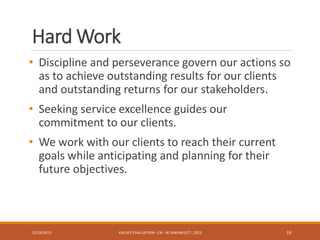 Hard Work
• Discipline and perseverance govern our actions so
as to achieve outstanding results for our clients
and outstanding returns for our stakeholders.
• Seeking service excellence guides our
commitment to our clients.
• We work with our clients to reach their current
goals while anticipating and planning for their
future objectives.
12/16/2015 VALUES' EVALUATION- CIB - W.SAAFAN OCT., 2015 19
 