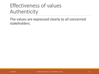 Effectiveness of values
Authenticity
The values are expressed clearly to all concerned
stakeholders.
12/16/2015 VALUES' EVALUATION- CIB - W.SAAFAN OCT., 2015 32
 