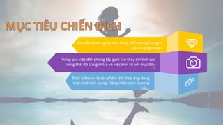 Định	
  vị	
  Donex	
  là	
  sản	
  phẩm	
  thể	
  thao	
  ứng	
  dụng	
  
thân	
  thiện	
  trẻ	
  trung	
  .	
  Tăng	
  nhận	
  diện	
  thương	
  
hiệu.	
  
	
  
	
  
Khuyến	
  khích	
  người	
  ;êu	
  dùng	
  đến	
  phòng	
  tập	
  gym	
  	
  
và	
  sử	
  dụng	
  Donex	
  
	
  
Thông	
  qua	
  việc	
  đến	
  phòng	
  tập	
  gym	
  tạo	
  thay	
  đổi	
  hch	
  cực	
  	
  
trong	
  thái	
  độ	
  của	
  giới	
  trẻ	
  về	
  việc	
  kiên	
  trì	
  với	
  mục	
  ;êu	
  
”	
  
	
  
	
  
 